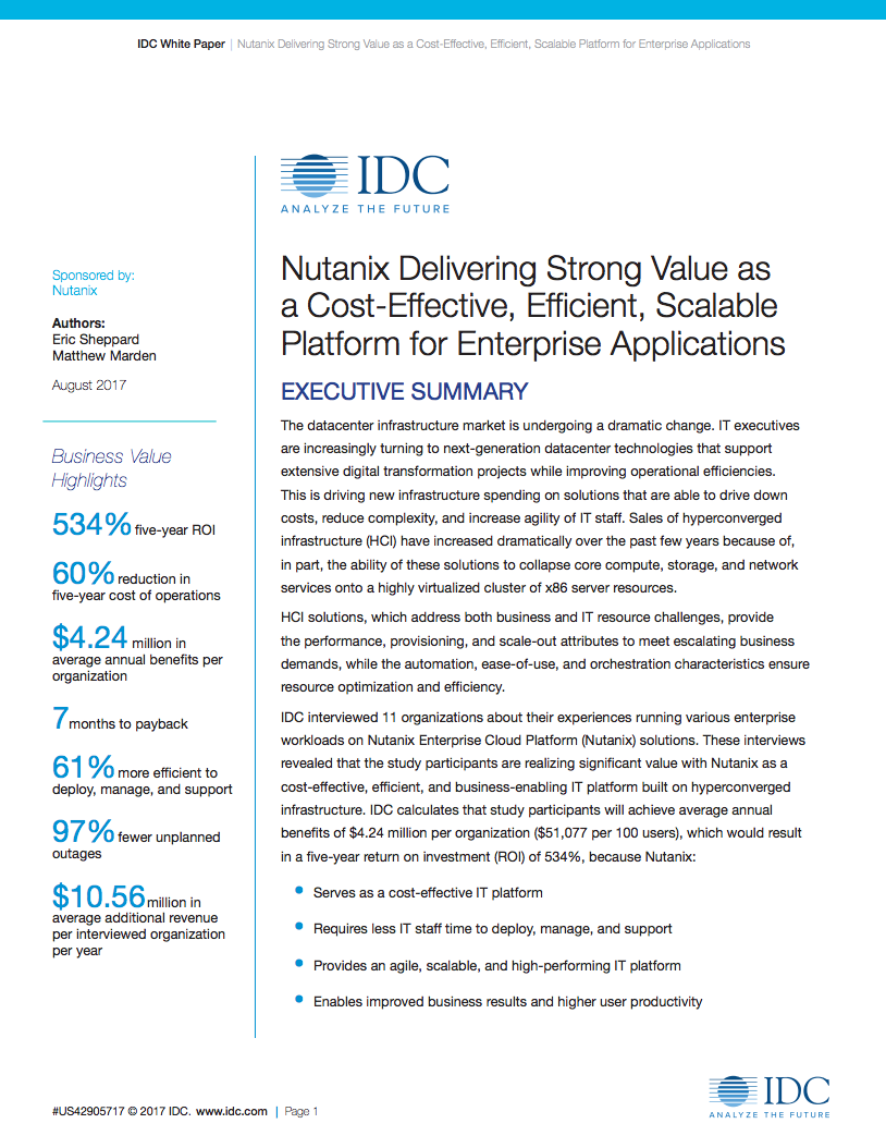 IDC ROI Analysis & TCO Comparison for Nutanix