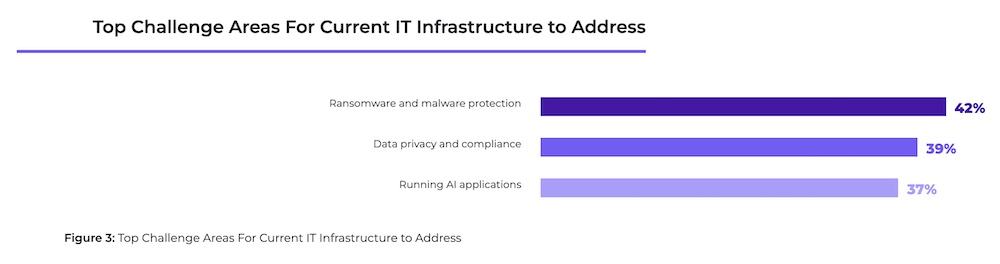 Bar chart shows that ransomware and malware protection, data privacy and compliance, and running AI applications are the top IT infrastructure challenge areas for enterprises